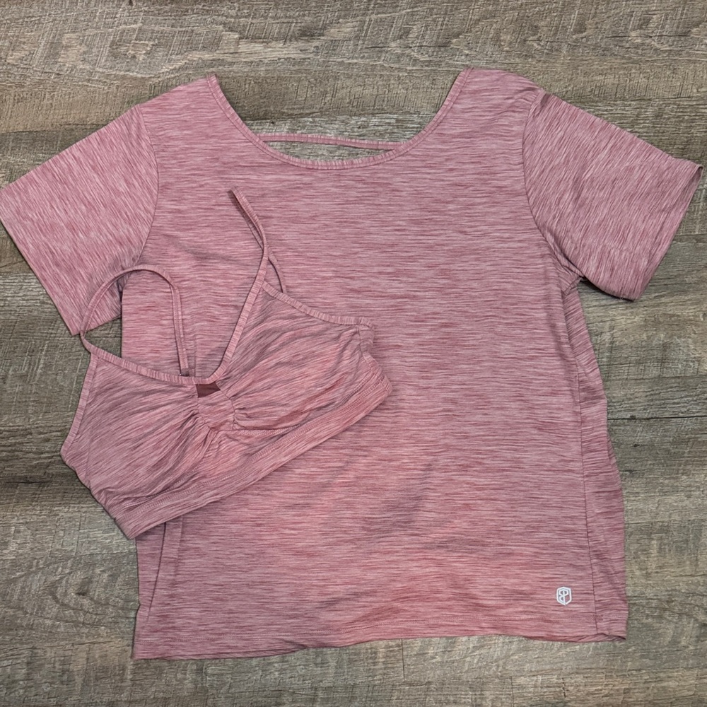 Born Primitive Heathered Pink Short Sleeve Top and Bra Set M